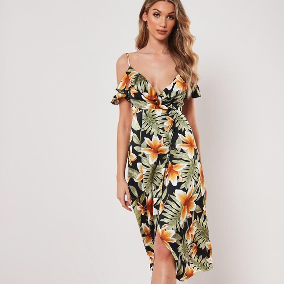 Missguided Black Floral Cold Shoulder Midi Dress - Picture 4 of 4
